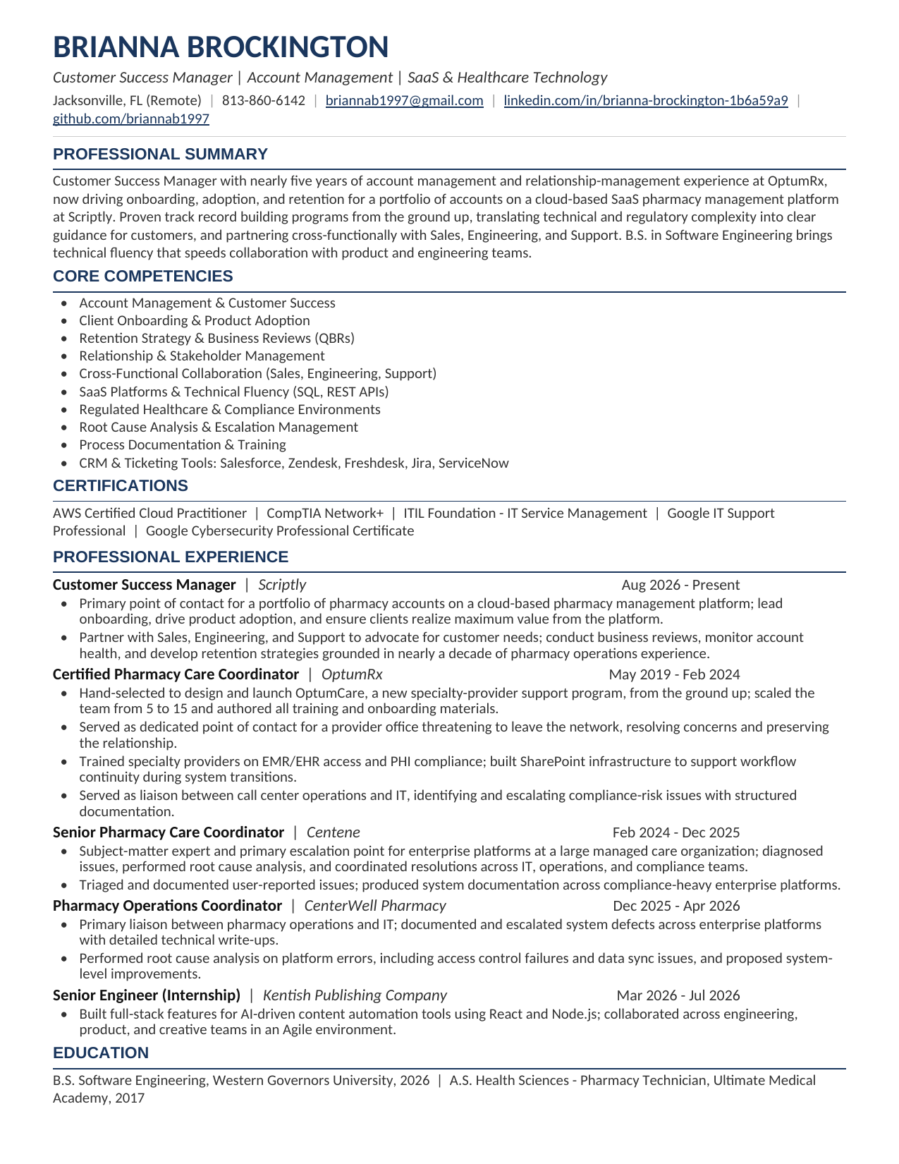 Preview of Brianna Brockington's customer success resume